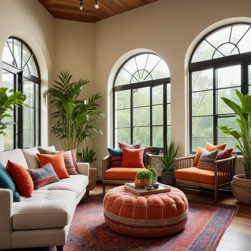 A beautifully arranged living room showcasing a blend of stylish design and sustainable fabrics. Include a cozy seating area with eco-friendly furniture, vibrant throw pillows, and lush indoor plants. Soft natural light filtering through large windows, creating an inviting atmosphere. Elements of modern decor mixed with rustic charm. super-realistic. vibrant colors. warm tones.