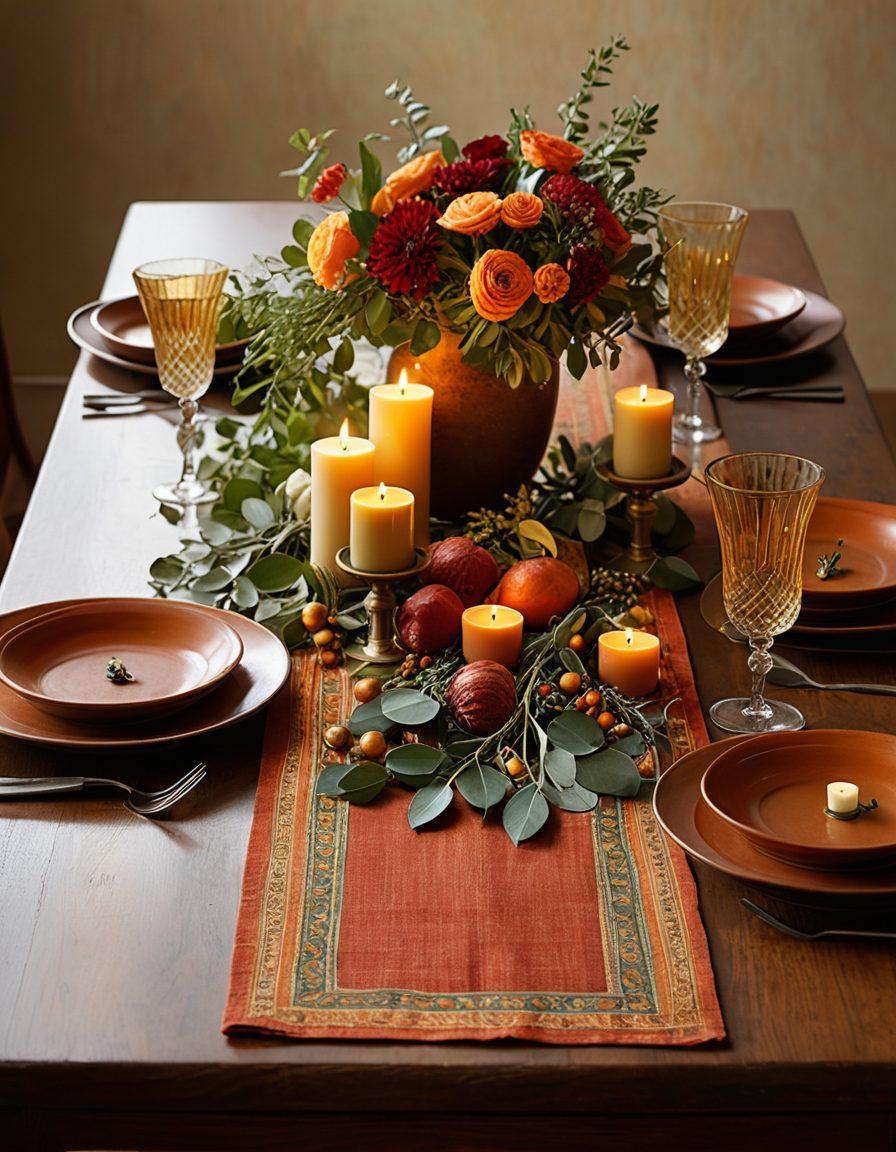 A beautifully set dining table surrounded by warm, inviting decor elements, featuring artisan textiles like intricately woven table runners and elegant cushions. Soft candlelight illuminates the scene, enhancing the cozy ambiance. Add subtle greenery, such as potted herbs or floral arrangements, to give a touch of life. The overall color palette should be rich and harmonious, evoking comfort and sophistication. super-realistic. warm colors. soft focus.