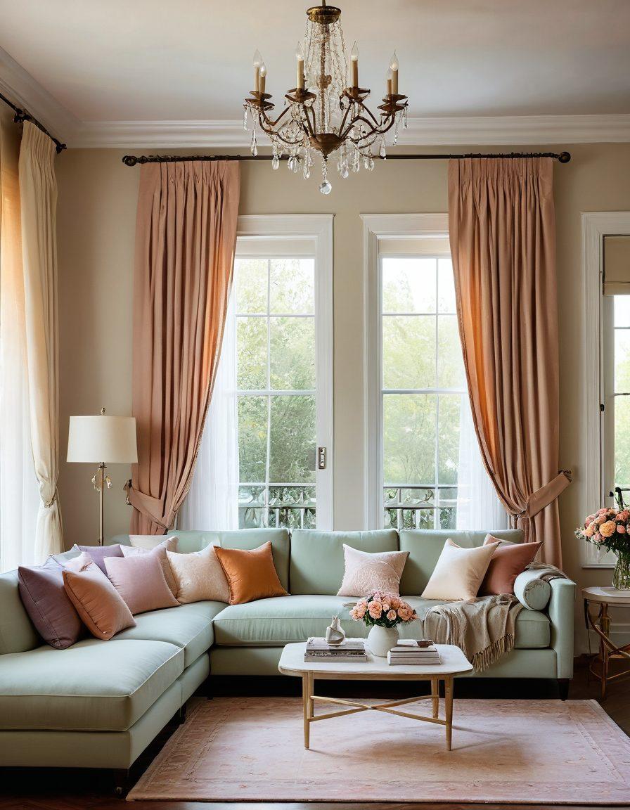 A beautifully styled living room featuring soft, romantic lighting, elegant decor items like plush cushions, intricate textiles, and flower arrangements. The color palette should include soft pastels and warm tones to evoke a cozy atmosphere. A stylish throw draped over a modern sofa, with a delicate chandelier hanging above, creating an inviting and passionate ambiance. super-realistic. vibrant colors. warm lighting.